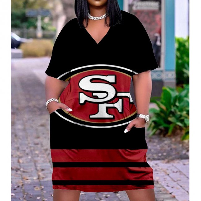 Women's San Francisco 49ers Team Fan Print Pocket Short-sleeved V-Neck Casual Knitted Cotton Dress