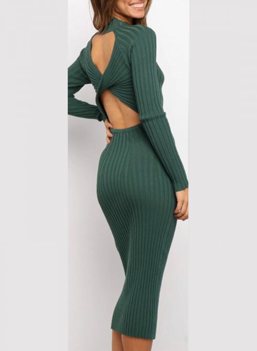 Women's Dress Crew Neck Long Sleeve Bodycon Solid Open-back Dress