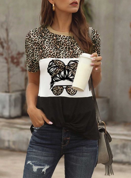 Women's T-shirts Leopard Portrait Print Short Sleeve Round Neck Daily T-shirt