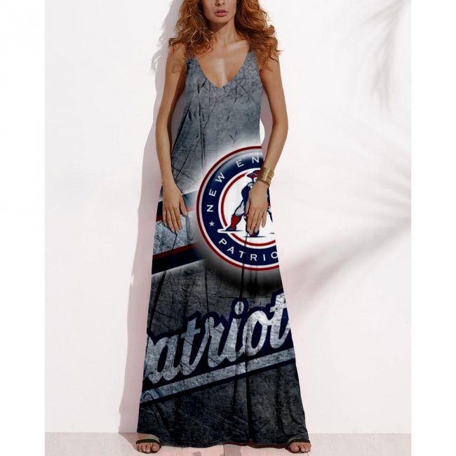 Women's Summer NEW ENGLAND PATRIOTS Fan Print V-neck Sleeveless Loose Long A-line Dress