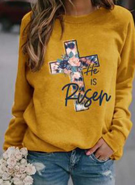 Women's Sweatshirts Solid Floral Letter Round Neck Long Sleeve Casual Daily Sweatshirts