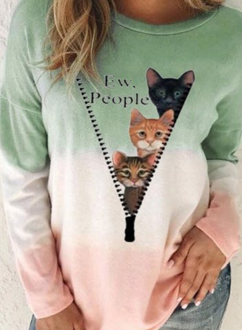 Women's Color Block Cats Ew People Print Crewneck Sweatshirt