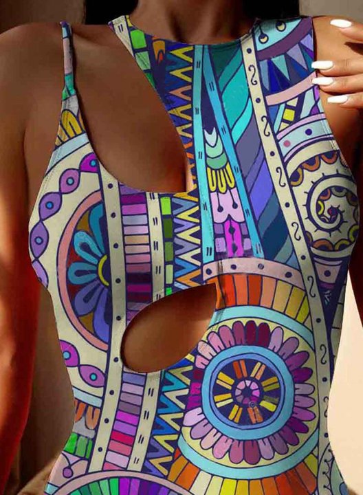 Women's One-Piece Swimsuits One-Piece Bathing Suits Cut Out Boho Multicolor Tribal Round Neck One-Piece Swimsuit