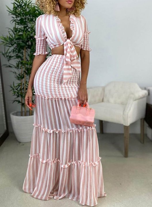 Women's Skirts Sets Striped Color Block Half Sleeve Cropped V Neck Flare Maxi 2-piece Skirts Set