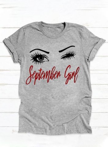 Women's Funny Graphic T-shirts September Girl Letter Portrait Eyes Print Short Sleeve Round Neck Daily T-shirt