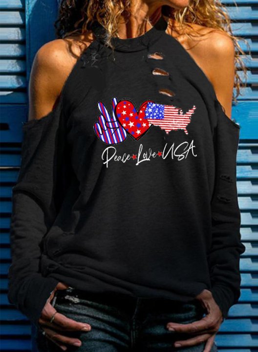 Women's Sweatshirt Peace Love USA Letter Flag Heart-shaped Long Sleeve Round Neck Cold-shoulder Casual Pullover