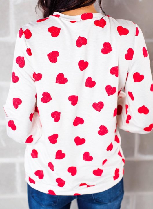 Women's Sweatshirts Color Block Heart-shaped Print Long Sleeve Round Neck Casual Sweatshirt