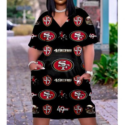 Women's San Francisco 49ers Team Fan Print Pocket Short-sleeved V-Neck Casual Knitted Cotton Dress