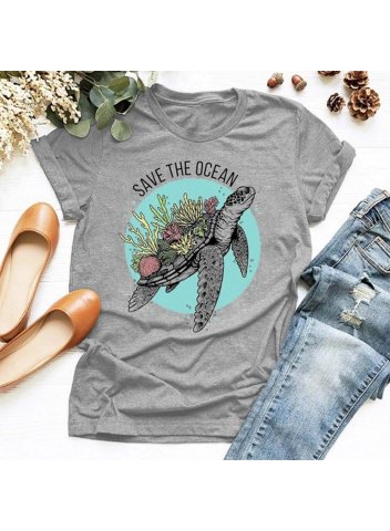 Women's T-shirts Save The Ocean Sea Turtle Print Letter Short Sleeve Round Neck Casual T-shirt