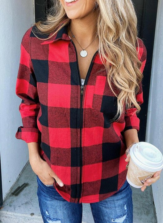 Women's Red Plaid Coats Long Sleeve Turn Down Collar Zipper Casual Coat