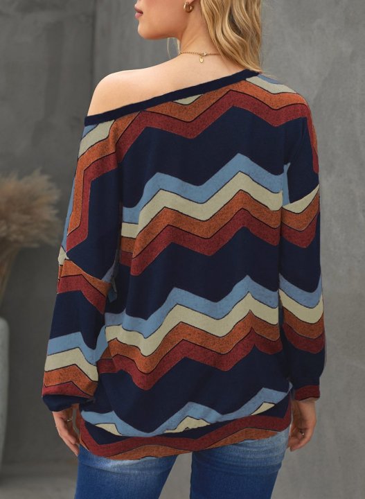 One shoulder Solid Long Sleeve Striped Loose Sweatshirt