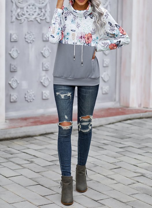 Color Block Long Sleeve High Neck Floral Sweatshirt