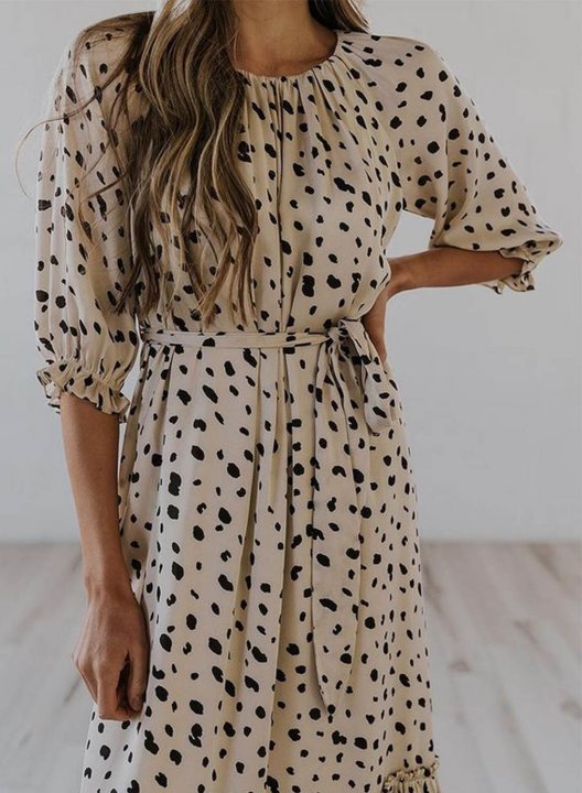 Women's Midi Dresses Polka Dot Ruffle Knot Half Sleeve Round Neck Dress