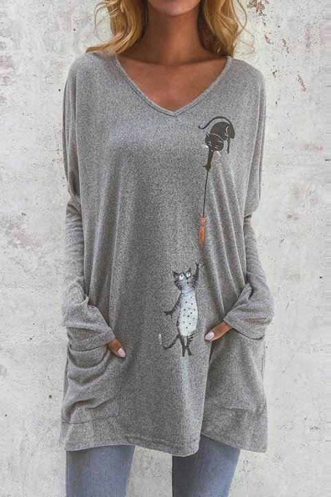 Casual Cartoon Cat Print Paneled Side Pockets Sweatshirt