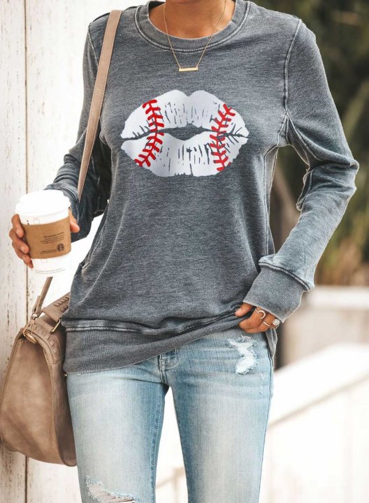 Solid Lips Print Long Sleeve Round Neck Sweatshirt