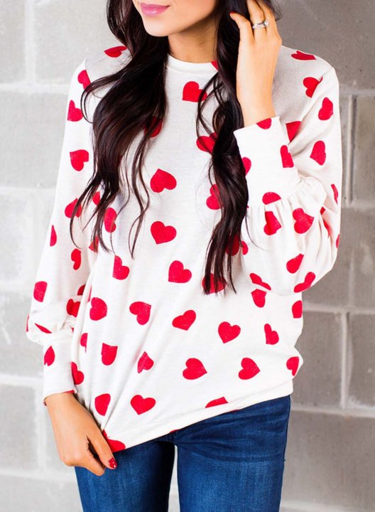 Women's Sweatshirts Color Block Heart-shaped Print Long Sleeve Round Neck Casual Sweatshirt