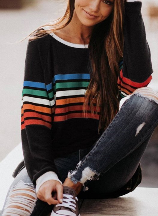 Women's Sweatshirt Rainbow Striped Long Sleeve Round Neck Casual Sweatshirt