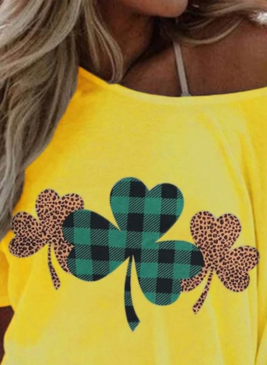 Women's T-shirts Leopard St Patrick's Day Shamrock Print Short Sleeve One-shoulder T-shirt