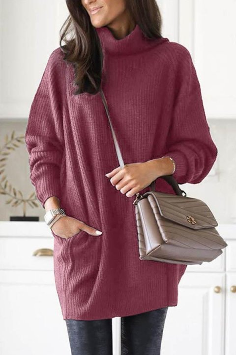 Women's Turtleneck Solid Knitted Ribbed Pockets Casual Sweater