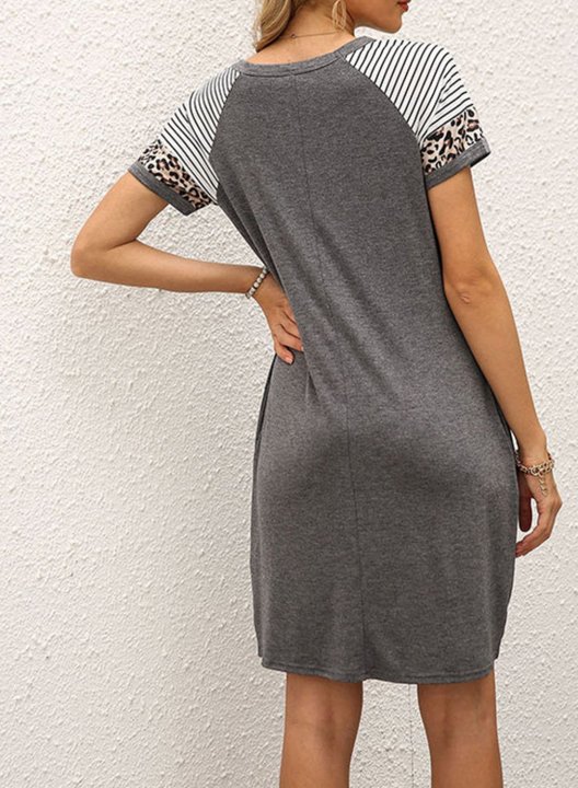 Women's Dress Striped Leopard Shift Round Neck Short Sleeve Summer Casual Daily Mini Dress