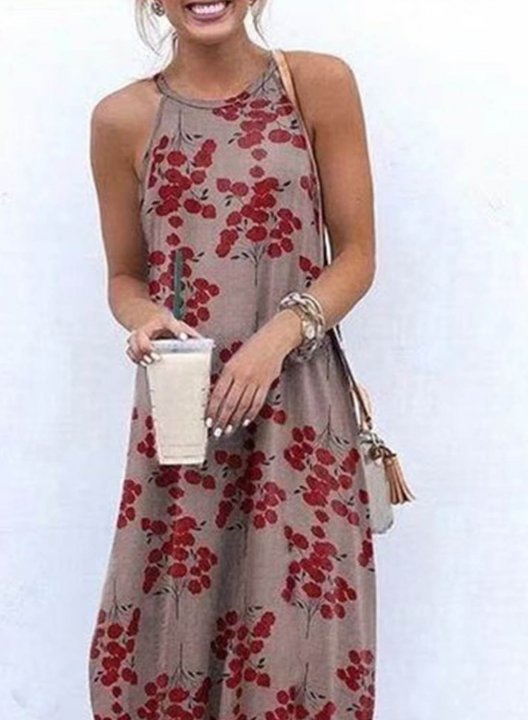 Women's Maxi Dresses Floral Sleeveless A-line V Neck Vacation Beach Boho Maxi Dress