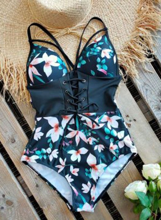 Women's One Piece Swimwear Multicolor Floral Spaghetti Knot One-Piece Swimsuit