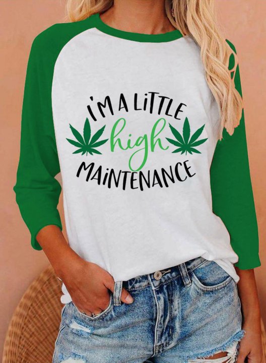 Women's T-shirts Color-block Letter Leaf Print Long Sleeve Round Neck Raglan-sleeve T-shirt