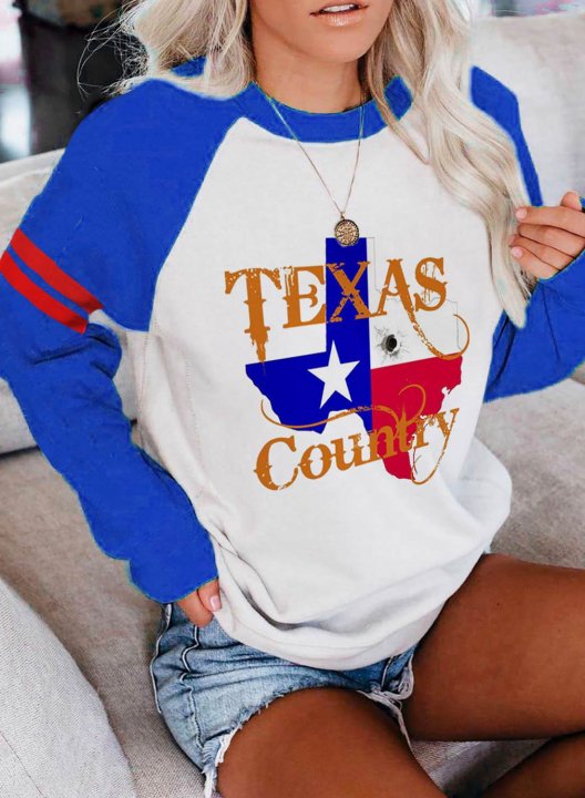 Women's Sweatshirts Letter Color Block Flag Long Sleeve Round Neck Casual Sweatshirt