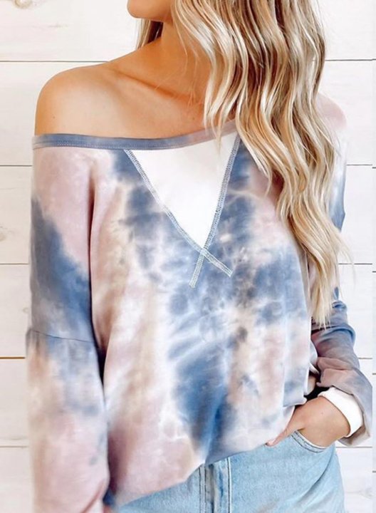 Color Block Tie Dye Off Shoulder Casual Sweatshirt