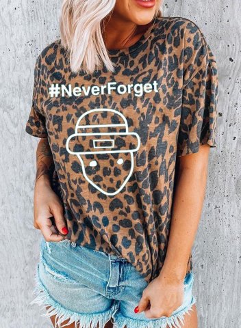 Women's T-shirts Leopard Letter Print Short Sleeve Round Neck Daily T-shirt