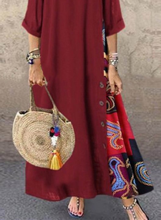 Women's Maxi Dresses Floral Multicolor 3/4 Sleeve Round Neck Boho Vintage Maxi Dress