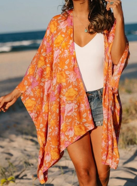 Women's Cover-ups Floral V Neck Long Sleeve Open Front Daily Vacation Beach Summer Cover-ups