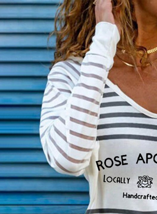 Women's Rose Apothecary Sweatshirt Striped Letter Long Sleeve V Neck Casual Pullover