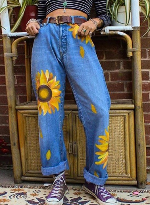 Women's High Waist Sunflower Loose Jeans