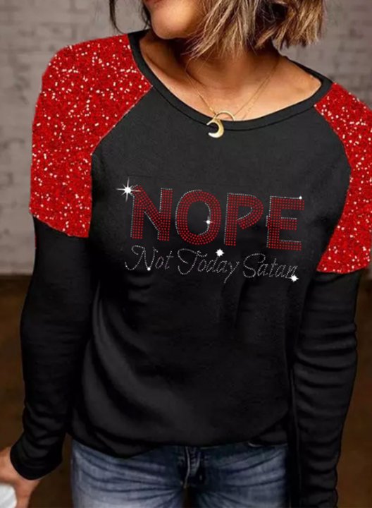 Women's Sweatshirt Color-block Letter Nope Not Today Satan Print Rhinestones Long Sleeve Round Neck Daily T-shirt