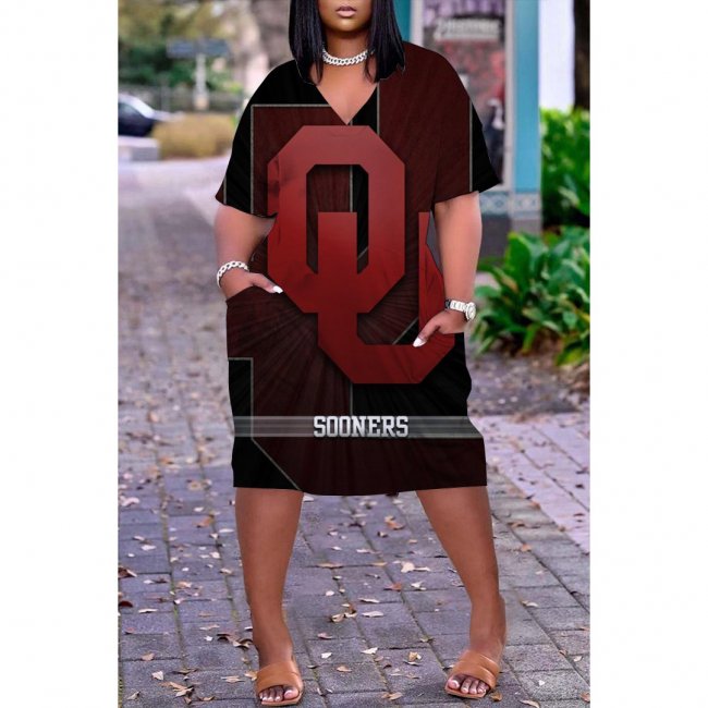 NCAAF Women's Oklahoma Sooners Printed V-neck Casual Pocket Dress