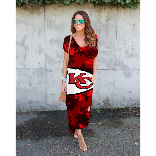 V-neck Kansas City Chiefs Print Short Sleeve Loose Long Dress