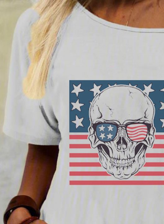 Women's American Flag T-shirts Skull Print Short Sleeve Cold Shoulder Daily T-shirt