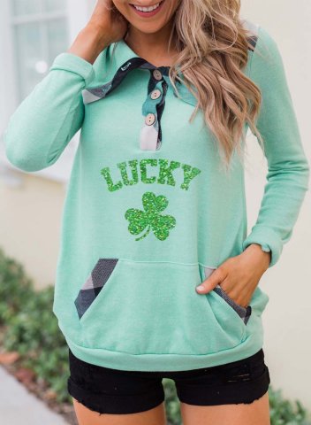 Women's St Patrick's Day Sweatshirt Shamrock Letter Lucky Button Pocket V Neck Long Sleeve Casual Daily Pullovers