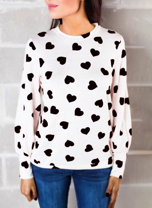 Women's Sweatshirts Color Block Heart-shaped Print Long Sleeve Round Neck Casual Sweatshirt