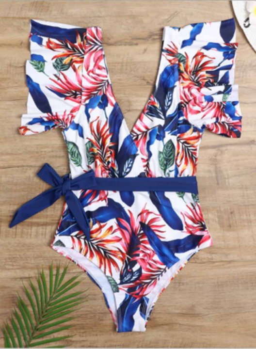 Women's One Piece Swimwear Floral V Neck Short Sleeve Ruffle Knot Casual One-Piece Swimsuits One-Piece Bathing Suits