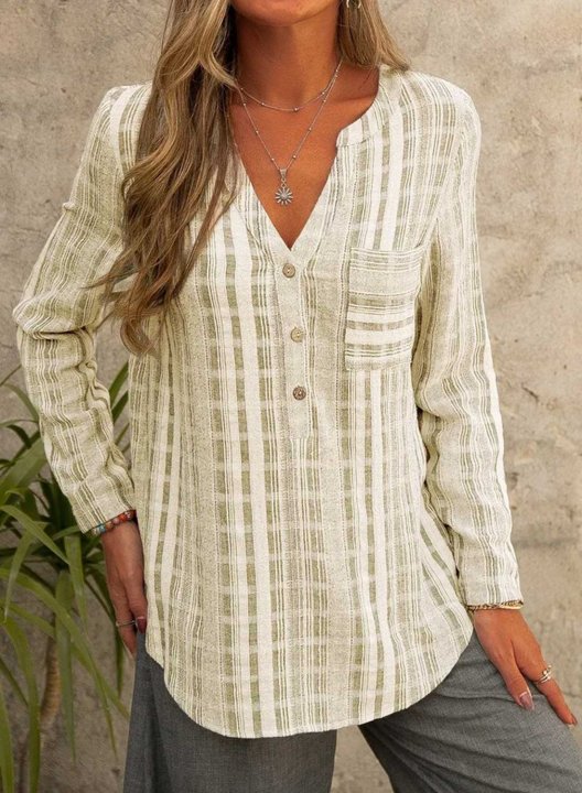 Women's Pullovers Button Pocket Plaid Long Sleeve V Neck Daily Casual Tunic Pullover