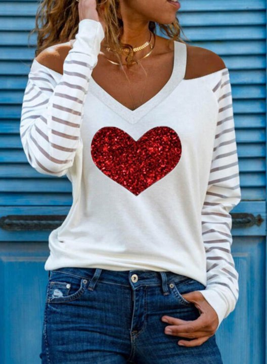 Women's Sequin Red Heart Print Sweatshirts V Neck Long Sleeve Striped Casual Sweatshirts