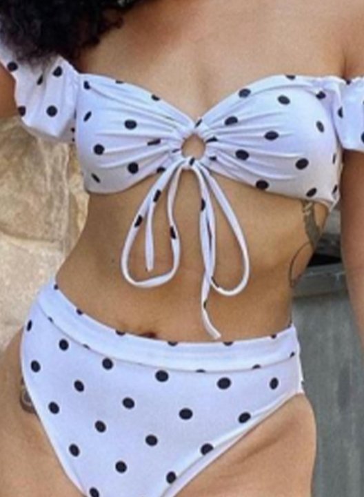 Women's Bikinis Knot Off Shoulder Solid Polka Dot Short Sleeve Unadjustable Mid Waist Two-piece Bikini Sets