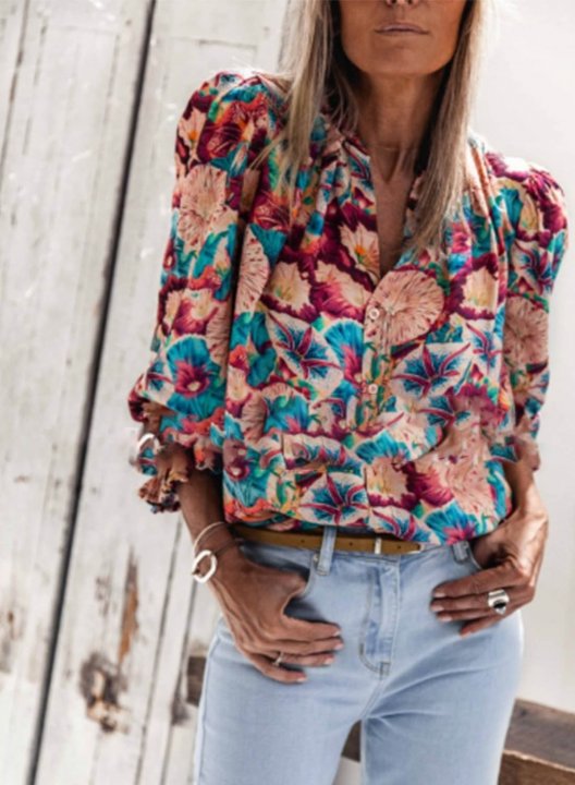 Women's Blouse Floral V Neck Long Sleeve Work Daily Vintage Casual Blouse