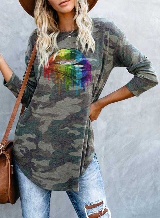 Camouflage Long Sleeve Lip Print Crew Neck Tunic Sweatshirt