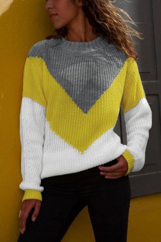 Women's Sweaters Chevron Accent Black Gray Color Block Pullover Sweater