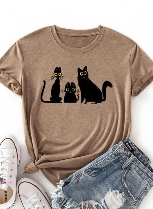 Women's Cute Cat Print T-shirts Casual Animal Print Solid Round Neck Short Sleeve Daily T-shirts