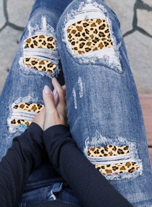 Women's Jeans Slim Leopard Mid Waist Full Length Casual Ripped Jeans