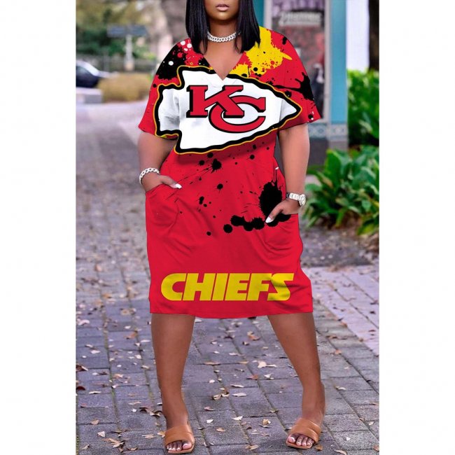 Kansas City Chiefs Print Fashion Casual V Neck Short Sleeve Dress